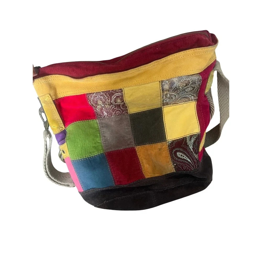 Lucky Brand Patchwork Boho Hobo Bag Corduroy Suede Multi-Color Crossbody Vintage